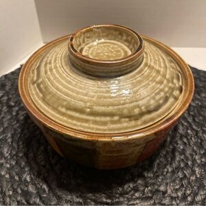 Vintage Handcrafted pottery Lidded Bowl in Olive Green
